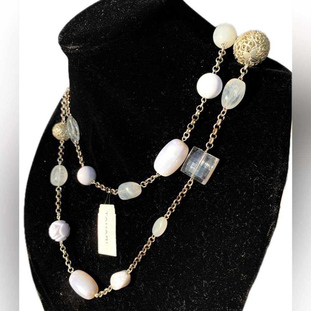 Tahari Elegant Gold White clear Beaded chain Necklace freestyle 40”